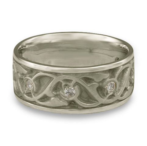 Wide Tulips and Vines Wedding Ring with Gems in Platinum