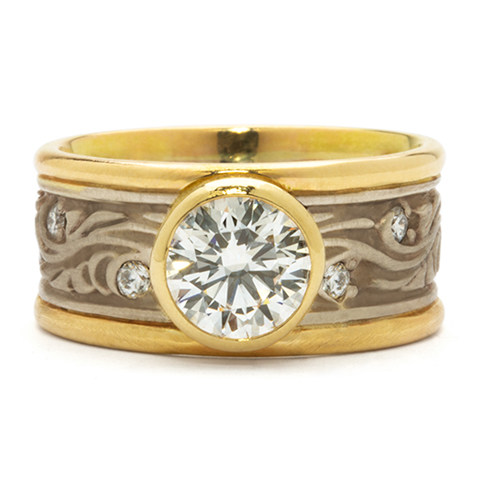 Wide Two Tone Starry Night Wedding Ring With Center Gem in