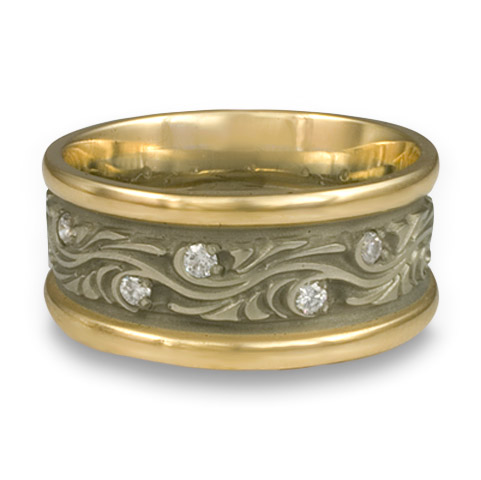 Wide Two Tone Starry Night Wedding Ring with Gems in 18K Yellow Gold & 18K White Gold
