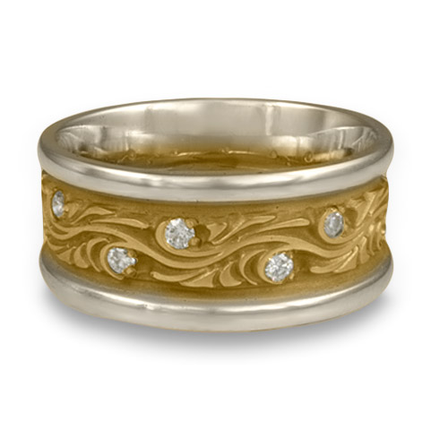 Wide Two Tone Starry Night Wedding Ring with Gems in 14K White Gold & 14K Yellow Gold