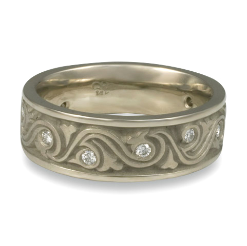 Wide Wind and Waves Wedding Ring with Gems in 14K White Gold