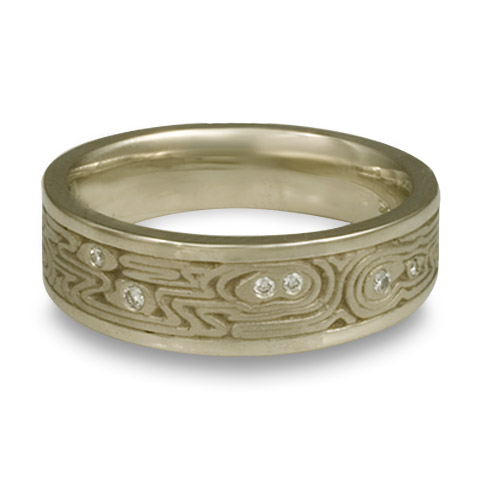 Wide Zen Garden Wedding Ring with Gems in 18K White Gold