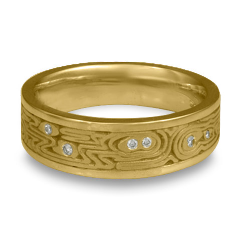 Wide Zen Garden Wedding Ring with Gems in 18K Yellow Gold