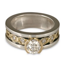 Bordered Rope Engagement Ring with Gems in Sterling Silver Borders & Base w 18K Yellow Gold Center