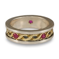 Bordered Rope Wedding Ring with Gems in 18K Yellow Gold Borders & Center w Sterling Silver Base 
