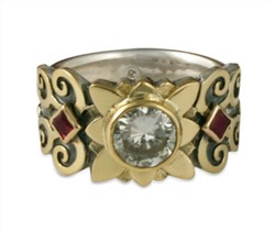 Cascade Flower Ring with Diamond and Ruby in 14K Yellow Gold Center w 14K White Gold Base