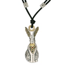 Celtic Hare Pendant with Gem  in 14K Yellow Gold Design w Sterling Silver Base