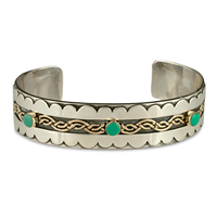 Celtic Wave Bracelet Cuff with Gem in 18K Yellow Gold Design w Sterling Silver Base