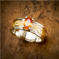 One of a Kind Bordered Flores Ring with Spessartine Garnet in Two Tone