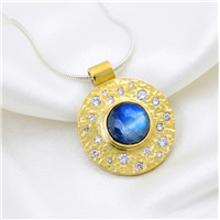 One of a Kind Dione Disc Pendant 11mm with Blue Moonstone in Two Tone