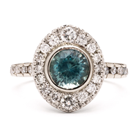 One of a Kind Elizabethan Halo Engagement Ring with Montana Sapphire in Montana Sapphire