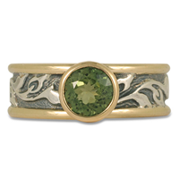 One of a Kind Flores Ring with Green Tourmaline in Sterling Silver Center & Base w 14K Yellow Gold Borders
