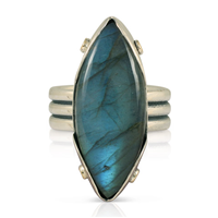 One of a Kind Labradorite Marquise Ring in 14K Yellow Gold Design w Sterling Silver Base