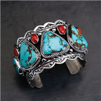 One of a Kind Turquoise and Coral Sterling Silver Cuff in Sterling Silver