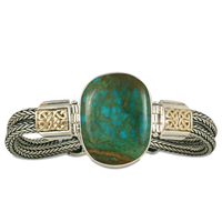 One of a Kind Turquoise Renee Bracelet in 14K Yellow Gold Design w Sterling Silver Base