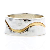 River Wedding Ring 10mm Hammered in Sterling Silver with 18K Yellow Gold River