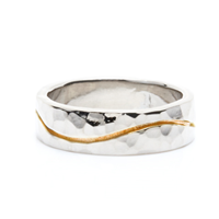 River Wedding Ring 6mm Hammered in 14K White Gold Base w 18K Yellow Gold Center