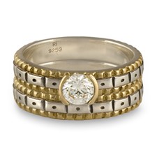 Solaris Bridal Ring Set in Sterling Silver Center & Base w 14K Yellow Gold Borders