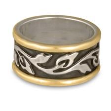 Wide Bordered Flores Wedding Ring in Sterling Silver Center & Base w 14K Yellow Gold Borders