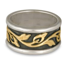 Wide Bordered Flores Wedding Ring in Sterling Silver Borders & Base w 18K Yellow Gold Center
