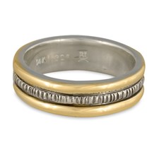Wide Bridges Wedding Ring in Sterling Silver Center & Base w 14K Yellow Gold Borders