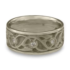 Wide Tulips and Vines Wedding Ring with Gems in 14K White Gold