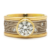 Wide Two Tone Starry Night Wedding Ring With Center Gem in 14K Yellow Gold Borders w 14K White Gold Center