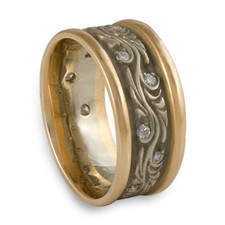 Wide Two Tone Starry Night Wedding Ring with Gems in 14K Yellow Gold Borders w 14K White Gold Center